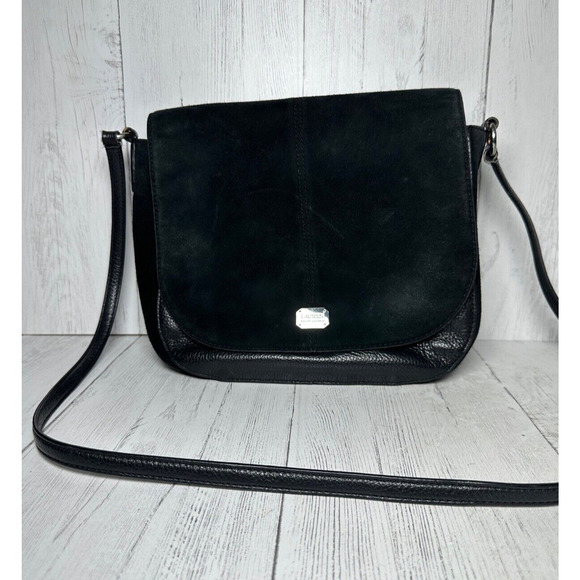 Black Suede Leather Satchel Flap Hobo Shoulder Purse Ralph Lauren Crossbody - Picture 1 of 16